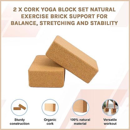 2 x Cork Yoga Block Set Natural Exercise Brick Support for Balance, Stretching and Stability V63-823991
