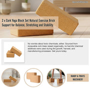 2 x Cork Yoga Block Set Natural Exercise Brick Support for Balance, Stretching and Stability V63-823991