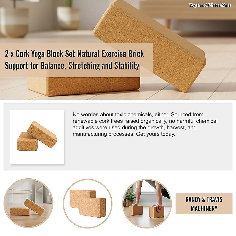 2 x Cork Yoga Block Set Natural Exercise Brick Support for Balance, Stretching and Stability V63-823991