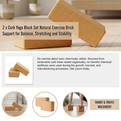 2 x Cork Yoga Block Set Natural Exercise Brick Support for Balance, Stretching and Stability V63-823991