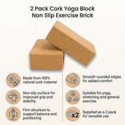 2 x Cork Yoga Block Set Natural Exercise Brick Support for Balance, Stretching and Stability V63-823991