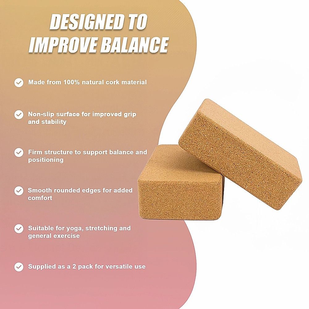2 x Cork Yoga Block Set Natural Exercise Brick Support for Balance, Stretching and Stability V63-823991