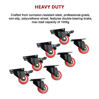 8 x 2" Polyurethane Castor Wheels - Swivel and 4 with brake V63-824101