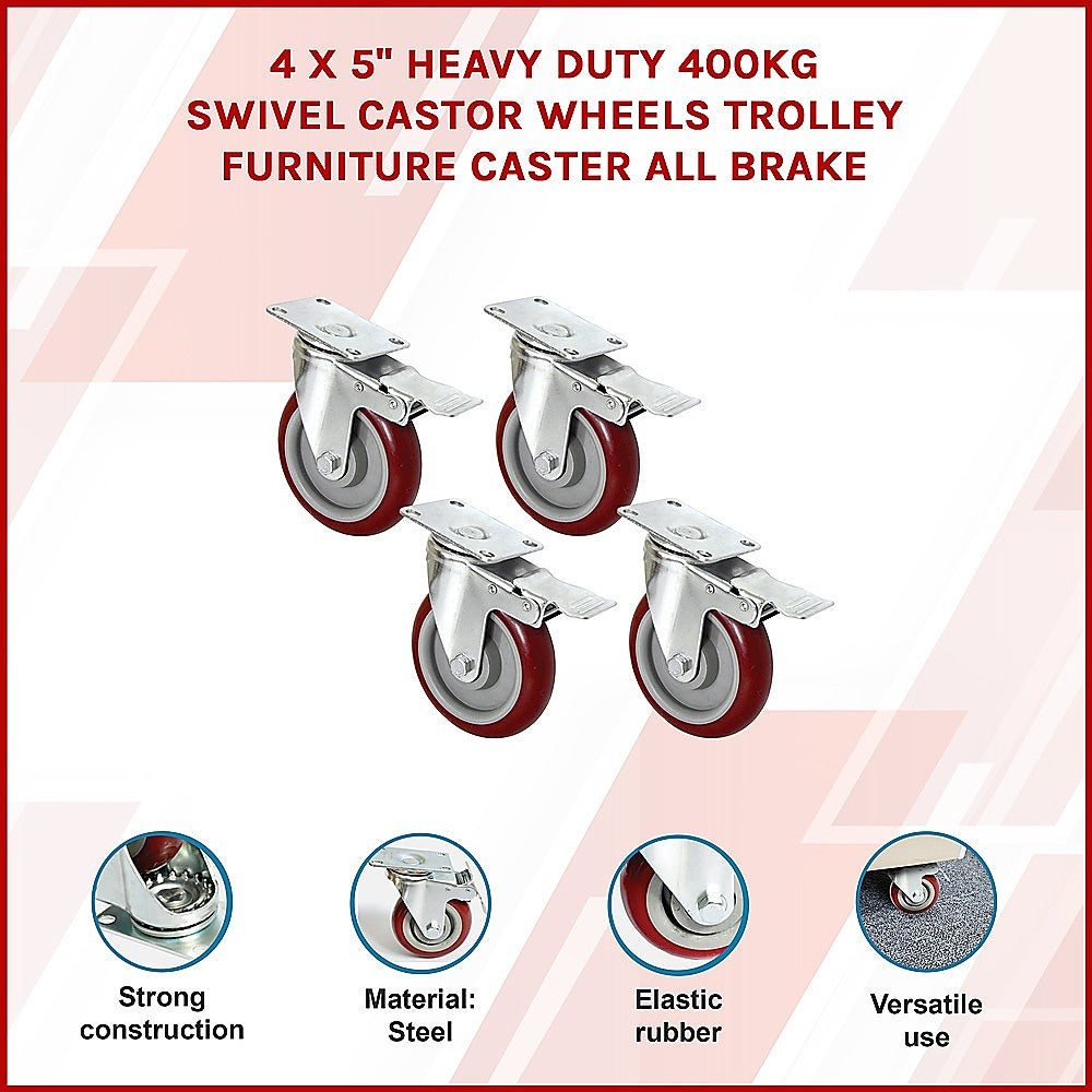 4 X 5" Heavy Duty 400kg Swivel Castor Wheels Trolley Furniture Caster All Brake V63-824111