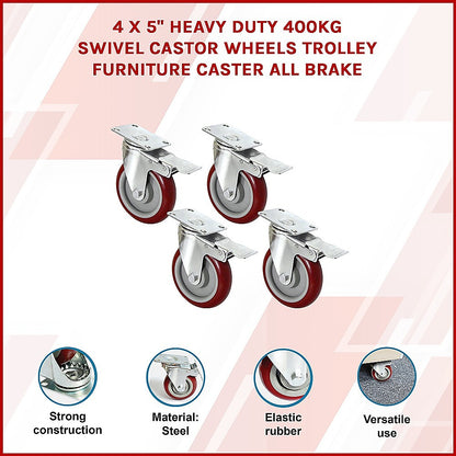 4 X 5" Heavy Duty 400kg Swivel Castor Wheels Trolley Furniture Caster All Brake V63-824111