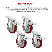 4 X 5" Heavy Duty 400kg Swivel Castor Wheels Trolley Furniture Caster All Brake V63-824111