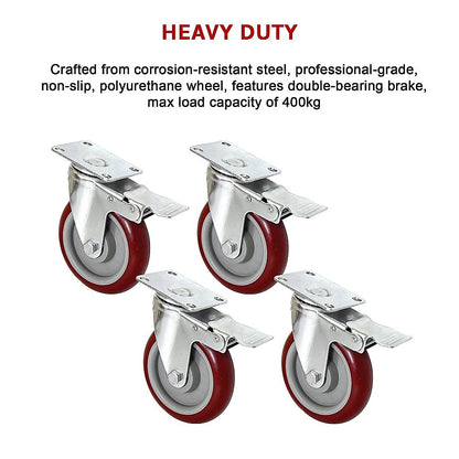 4 X 5" Heavy Duty 400kg Swivel Castor Wheels Trolley Furniture Caster All Brake V63-824111