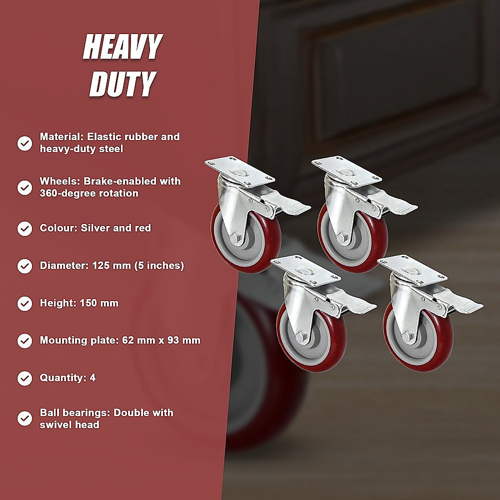 4 X 5" Heavy Duty 400kg Swivel Castor Wheels Trolley Furniture Caster All Brake V63-824111