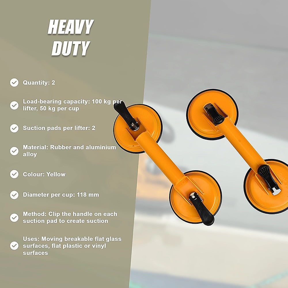 2x 100kg Aluminum Alloy Double Locking Suction Cup Glazer Glass Sucker Lifter V63-824131