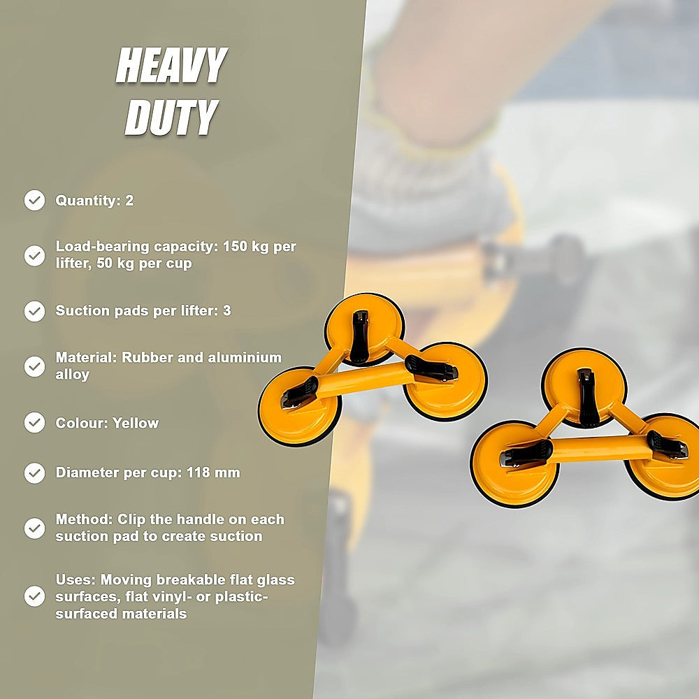 2x 150kg Load Aluminum Triple Suction Cup Pad Glazer Glass Sucker Remover Lifter V63-824141