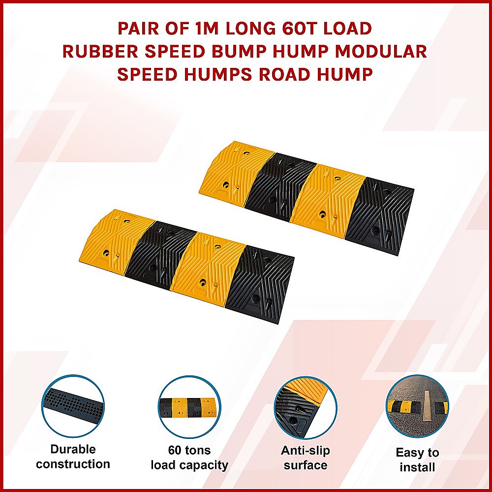 Pair of 1m Long 60T Load Rubber Speed Bump Hump Modular Speed Humps Road Hump V63-824161