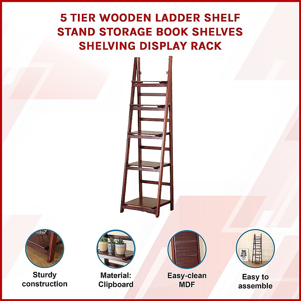 5 Tier Wooden Ladder Shelf Stand Storage Book Shelves Shelving Display Rack V63-824191