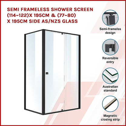 Semi Frameless Shower Screen (114~122)x 195cm & (77~80)x 195cm Side AS/NZS Glass V63-824531
