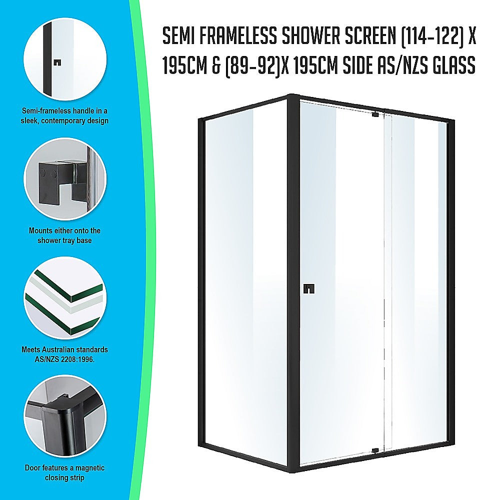 Semi Frameless Shower Screen (114~122)x 195cm & (89~92)x 195cm Side AS/NZS Glass V63-824571