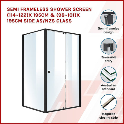Semi Frameless Shower Screen (114~122)x 195cm & (98~101)x195cm Side AS/NZS Glass V63-824581