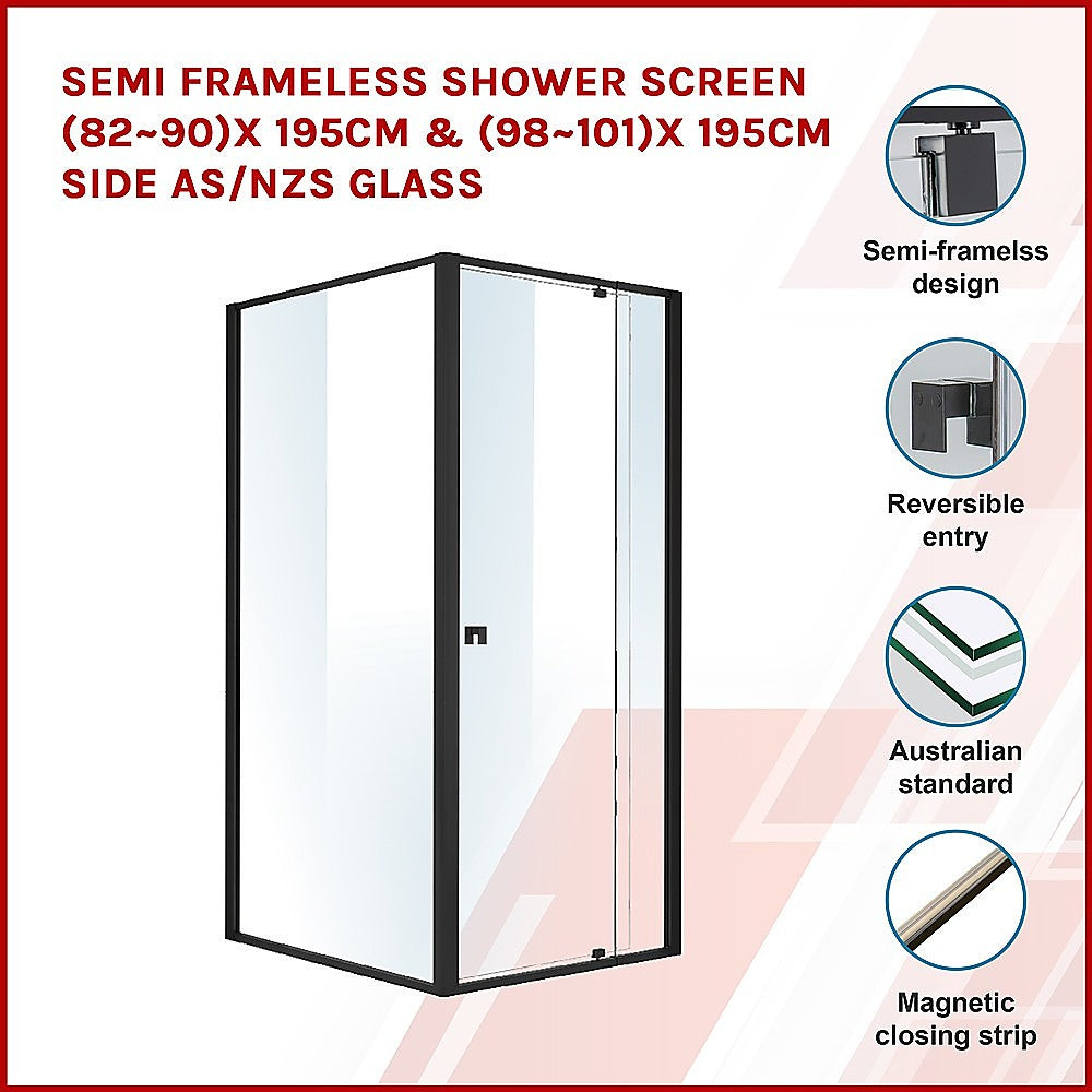 Semi Frameless Shower Screen (82~90)x 195cm & (98~101)x 195cm Side AS/NZS Glass V63-824601