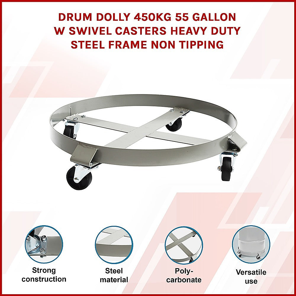 Drum Dolly 450kg 55 Gallon w Swivel Casters Heavy Duty Steel Frame Non Tipping V63-824681