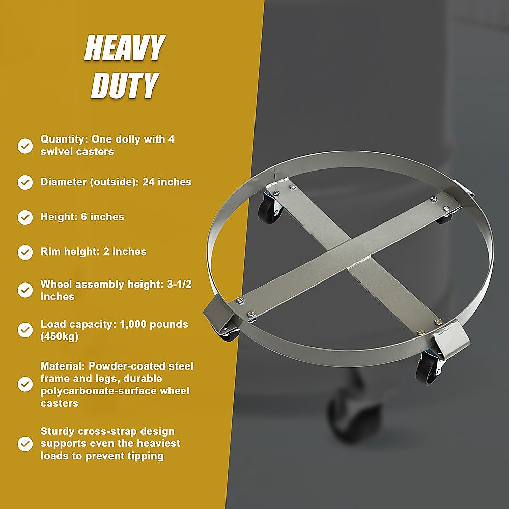 Drum Dolly 450kg 55 Gallon w Swivel Casters Heavy Duty Steel Frame Non Tipping V63-824681