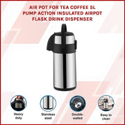 Air Pot for Tea Coffee 5L Pump Action Insulated Airpot Flask Drink Dispenser V63-824721
