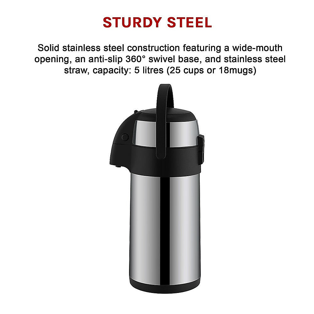 Air Pot for Tea Coffee 5L Pump Action Insulated Airpot Flask Drink Dispenser V63-824721