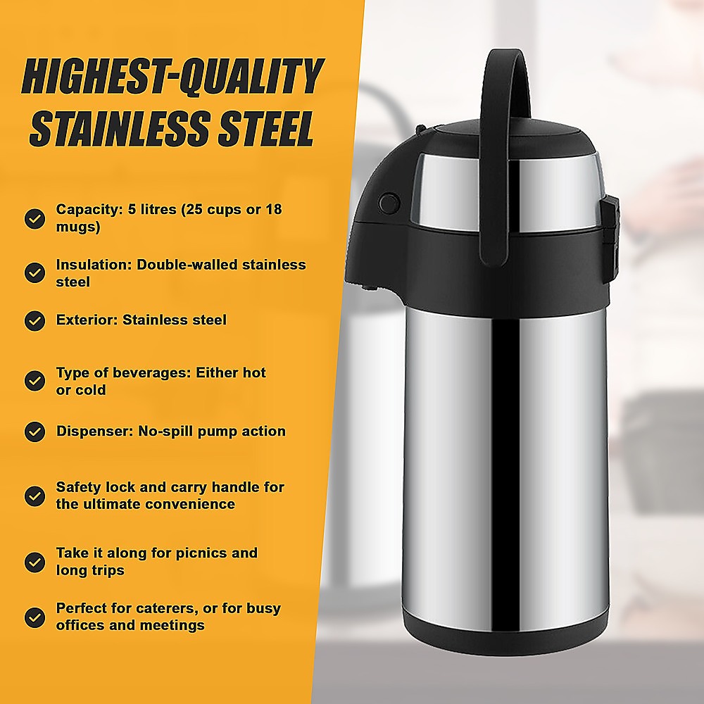 Air Pot for Tea Coffee 5L Pump Action Insulated Airpot Flask Drink Dispenser V63-824721