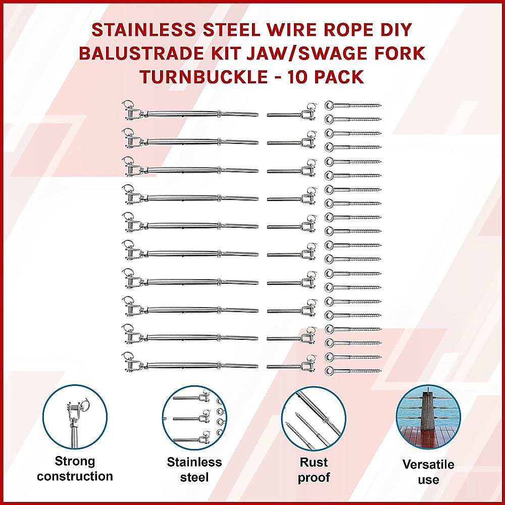 Stainless Steel Wire Rope Balustrade DIY Kit Jaw Swage Fork Turnbuckle 10 Pack For Secure Cable Railing V63-824881
