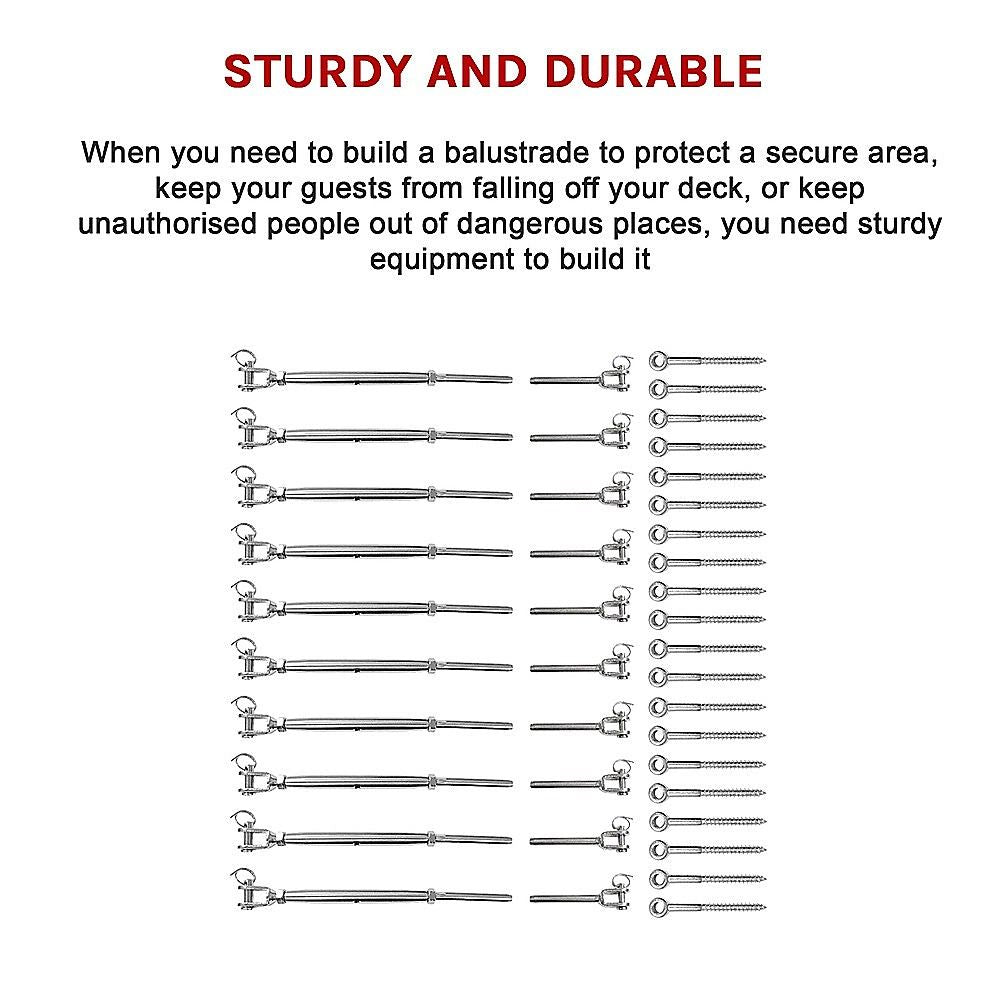 Stainless Steel Wire Rope Balustrade DIY Kit Jaw Swage Fork Turnbuckle 10 Pack For Secure Cable Railing V63-824881