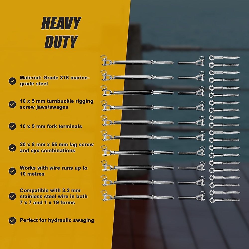 Stainless Steel Wire Rope Balustrade DIY Kit Jaw Swage Fork Turnbuckle 10 Pack For Secure Cable Railing V63-824881