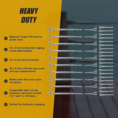 Stainless Steel Wire Rope Balustrade DIY Kit Jaw Swage Fork Turnbuckle 10 Pack For Secure Cable Railing V63-824881