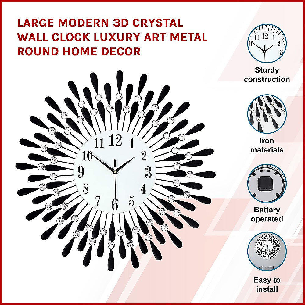 Large Modern 3D Crystal Wall Clock Luxury Art Metal Round Home Decor V63-824911