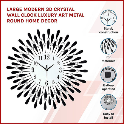 Large Modern 3D Crystal Wall Clock Luxury Art Metal Round Home Decor V63-824911
