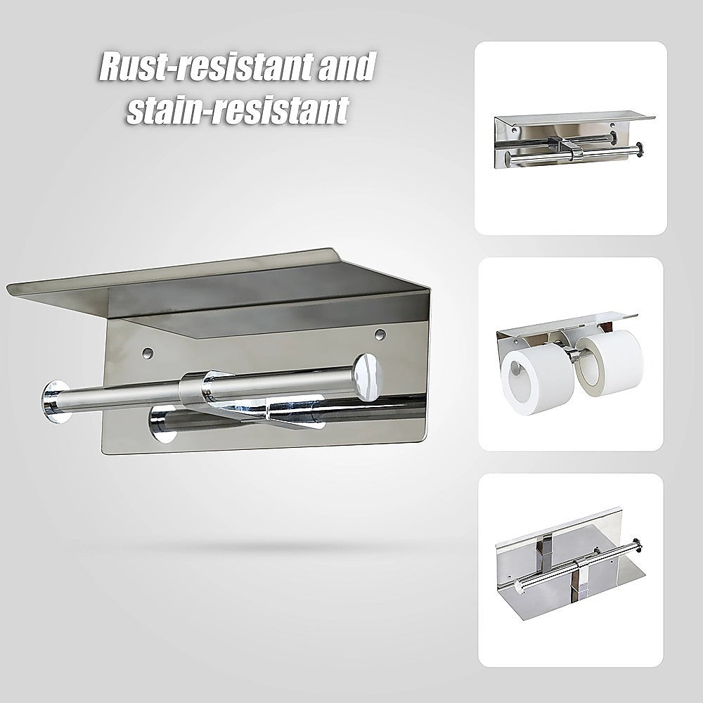 Stainless Steel Double Toilet Paper Holder Towel Roll Tissue Rack Storage Shelf V63-825811