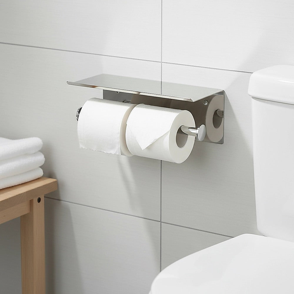 Stainless Steel Double Toilet Paper Holder Towel Roll Tissue Rack Storage Shelf V63-825811