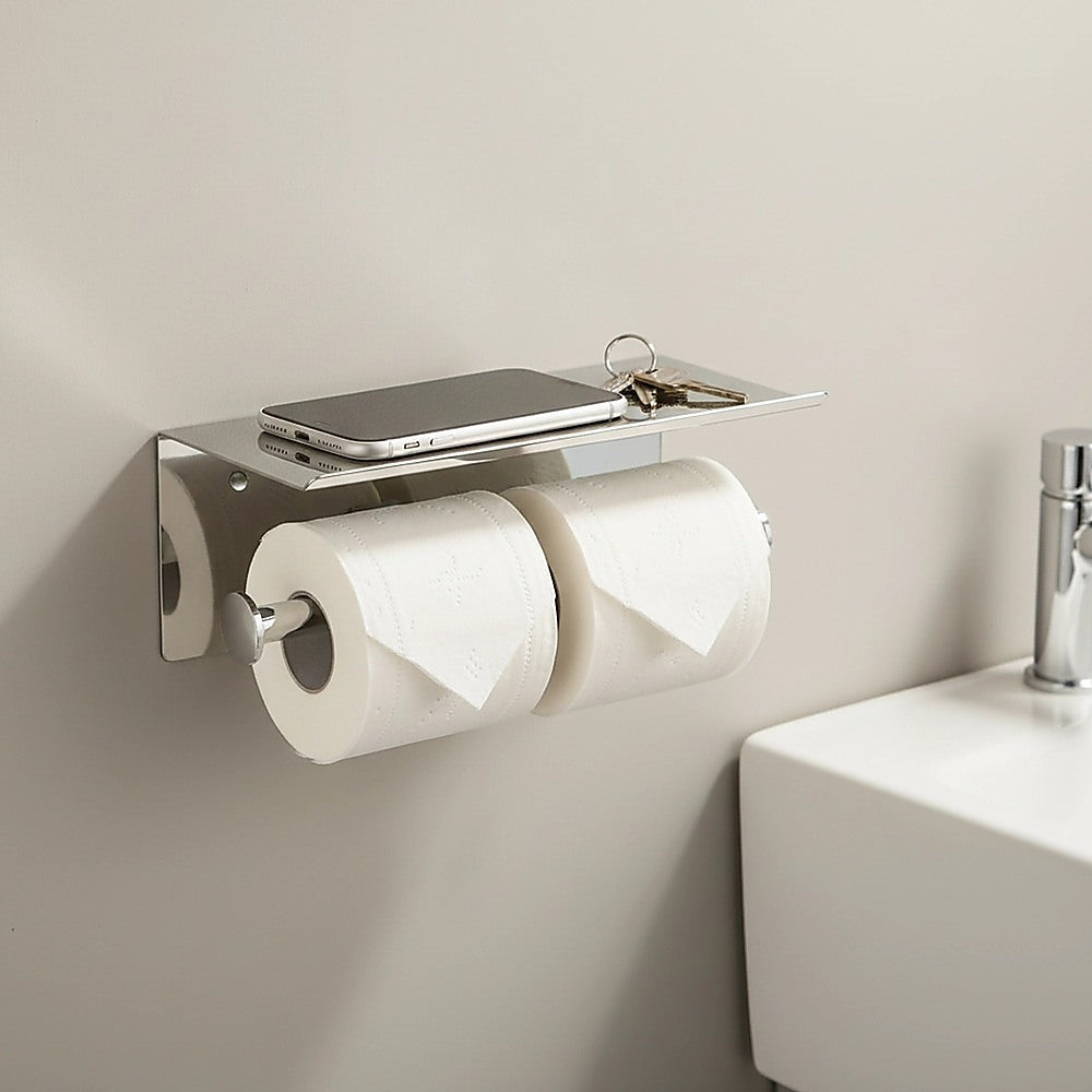 Stainless Steel Double Toilet Paper Holder Towel Roll Tissue Rack Storage Shelf V63-825811