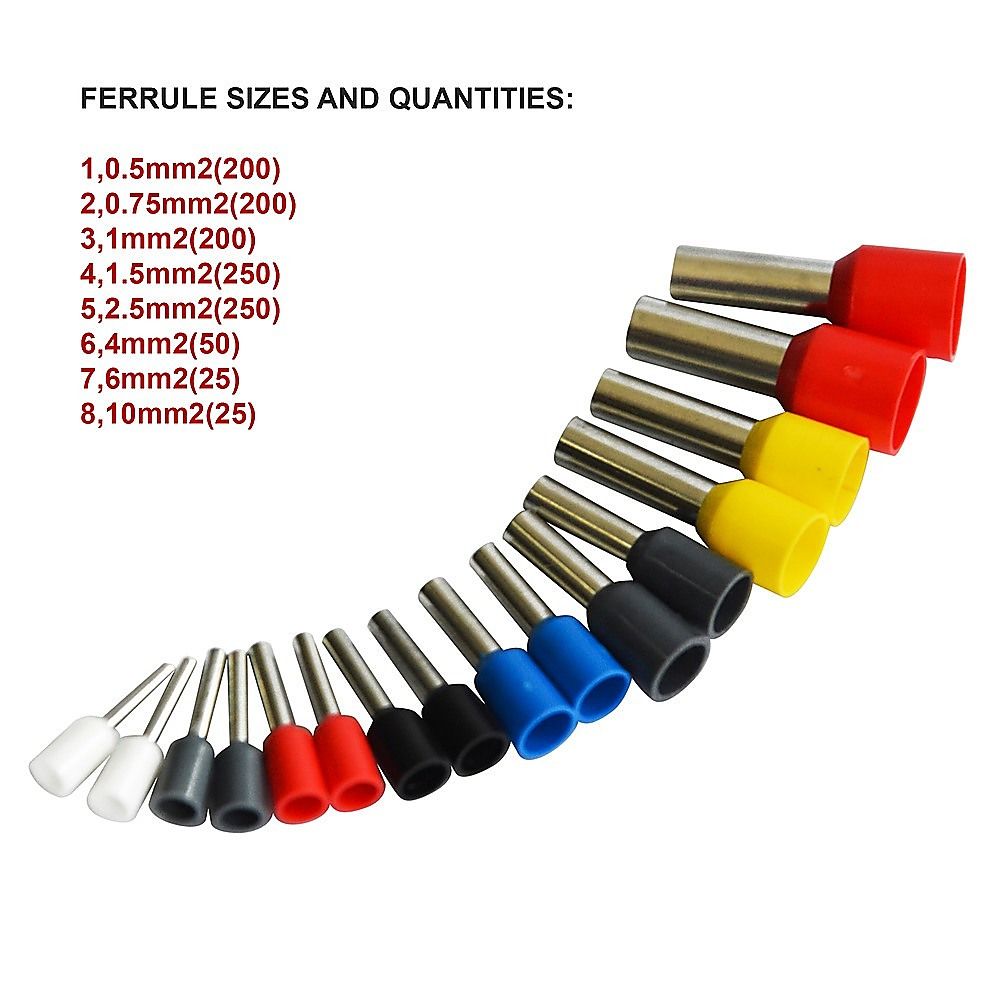 1200Pcs Bootlace Ferrule Crimper kit 0.25-10mm2 Cord End Ratchet Crimping Tool V63-825861