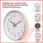 Modern Rose Gold Wall Clock - Silent Non-Ticking Quartz Battery Operated Design V63-825981