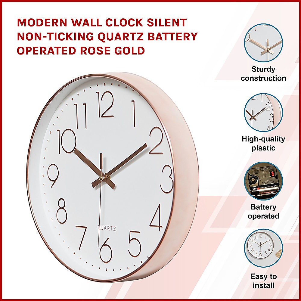 Modern Rose Gold Wall Clock - Silent Non-Ticking Quartz Battery Operated Design V63-825981