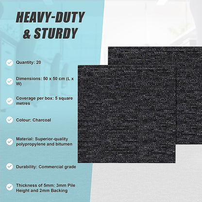 5m2 Box of Premium Carpet Tiles Commercial Domestic Office Heavy Use Flooring Charcoal V63-826031