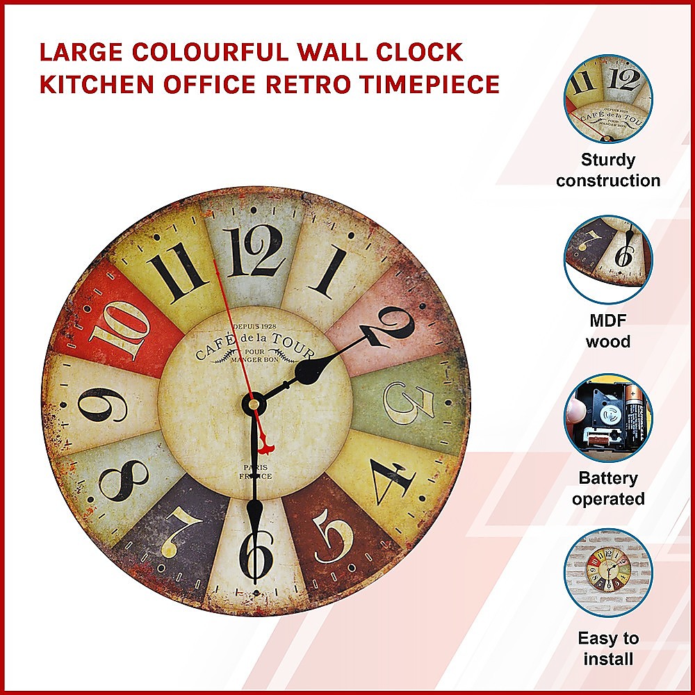 Large Colourful Wall Clock Kitchen Office Retro Timepiece V63-826091