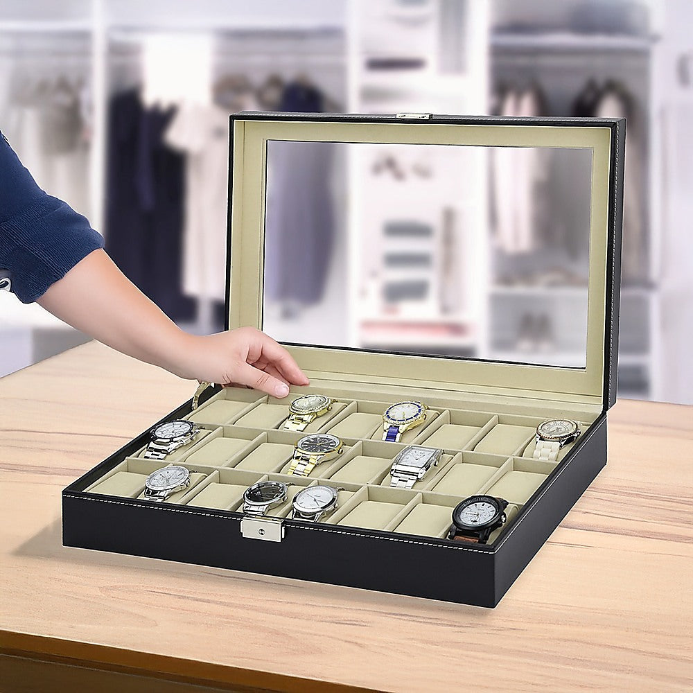 Watch Box - 24 Slot Luxury Display Case With Framed Glass Lid V63-826141