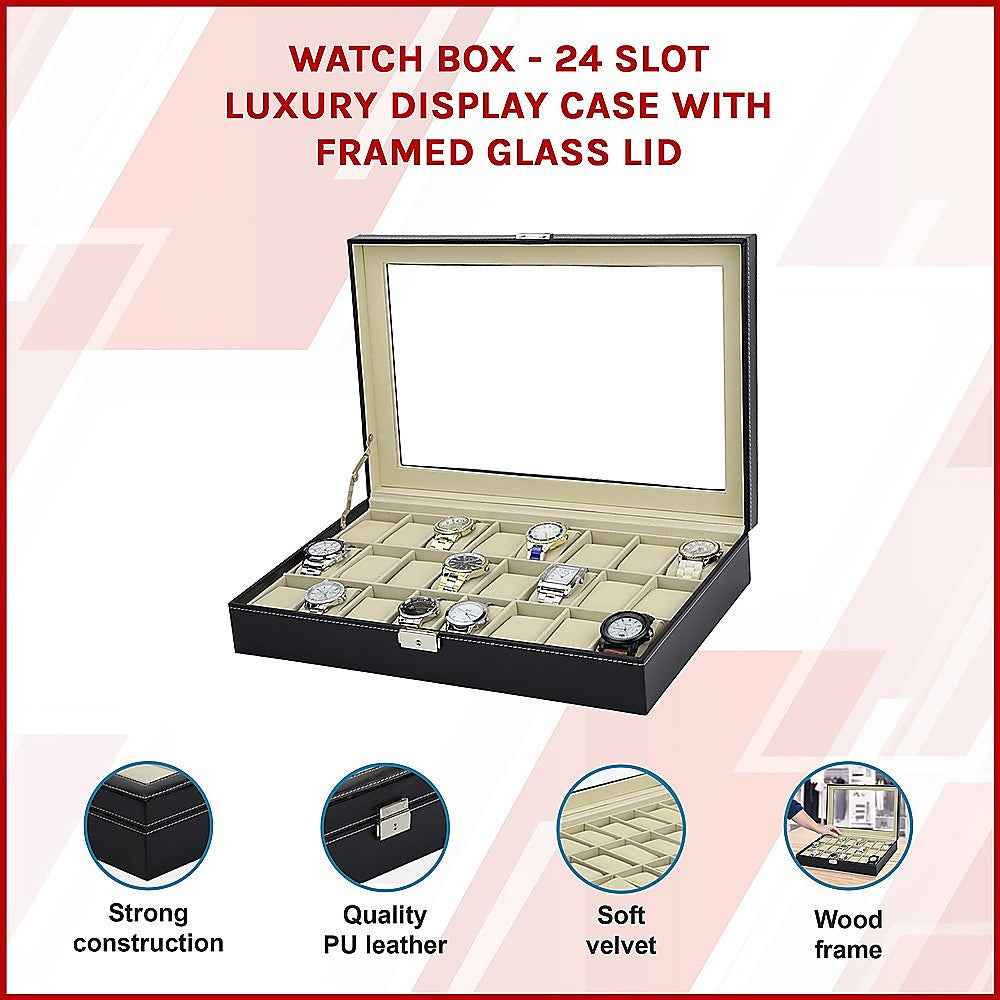 Watch Box - 24 Slot Luxury Display Case With Framed Glass Lid V63-826141