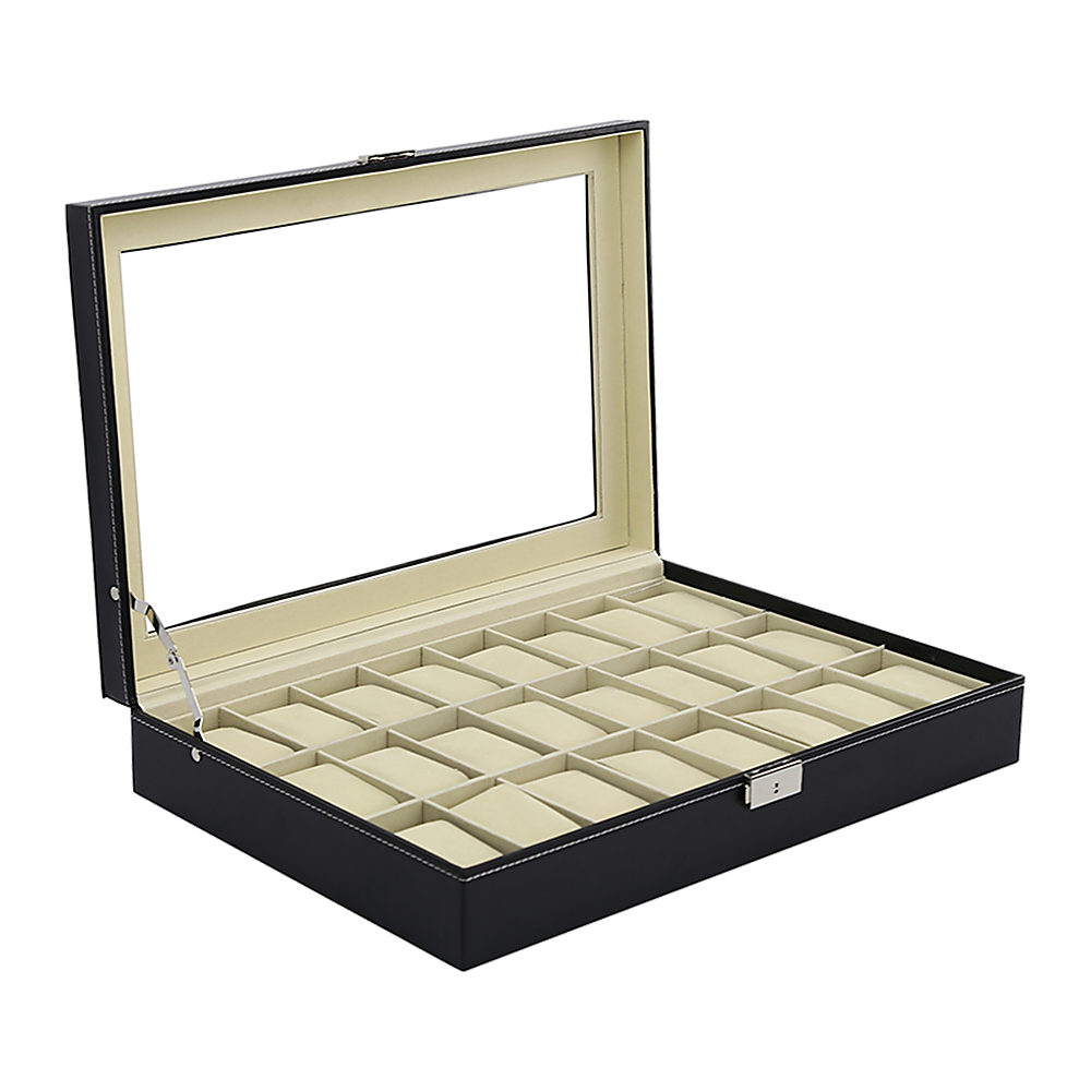 Watch Box - 24 Slot Luxury Display Case With Framed Glass Lid V63-826141