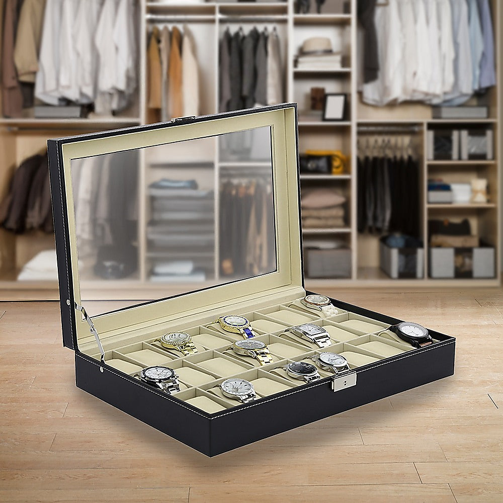 Watch Box - 24 Slot Luxury Display Case With Framed Glass Lid V63-826141