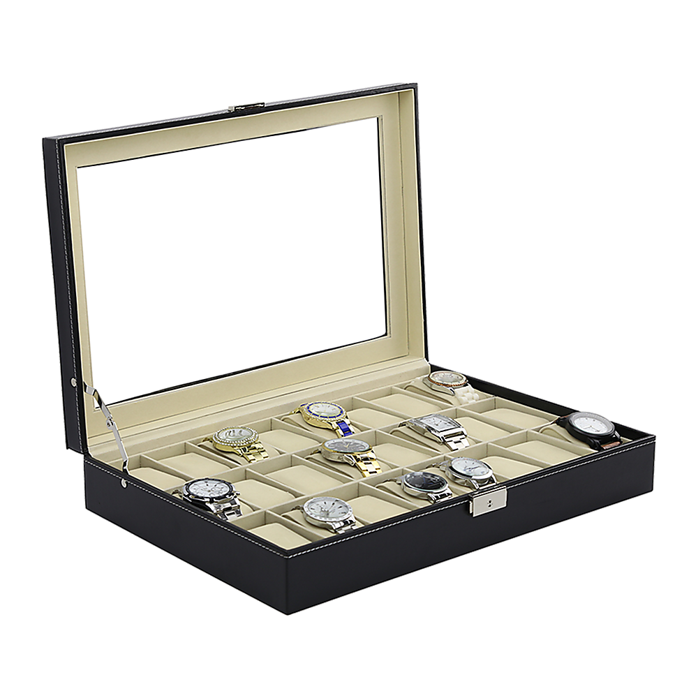 Watch Box - 24 Slot Luxury Display Case With Framed Glass Lid V63-826141