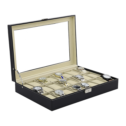 Watch Box - 24 Slot Luxury Display Case With Framed Glass Lid V63-826141