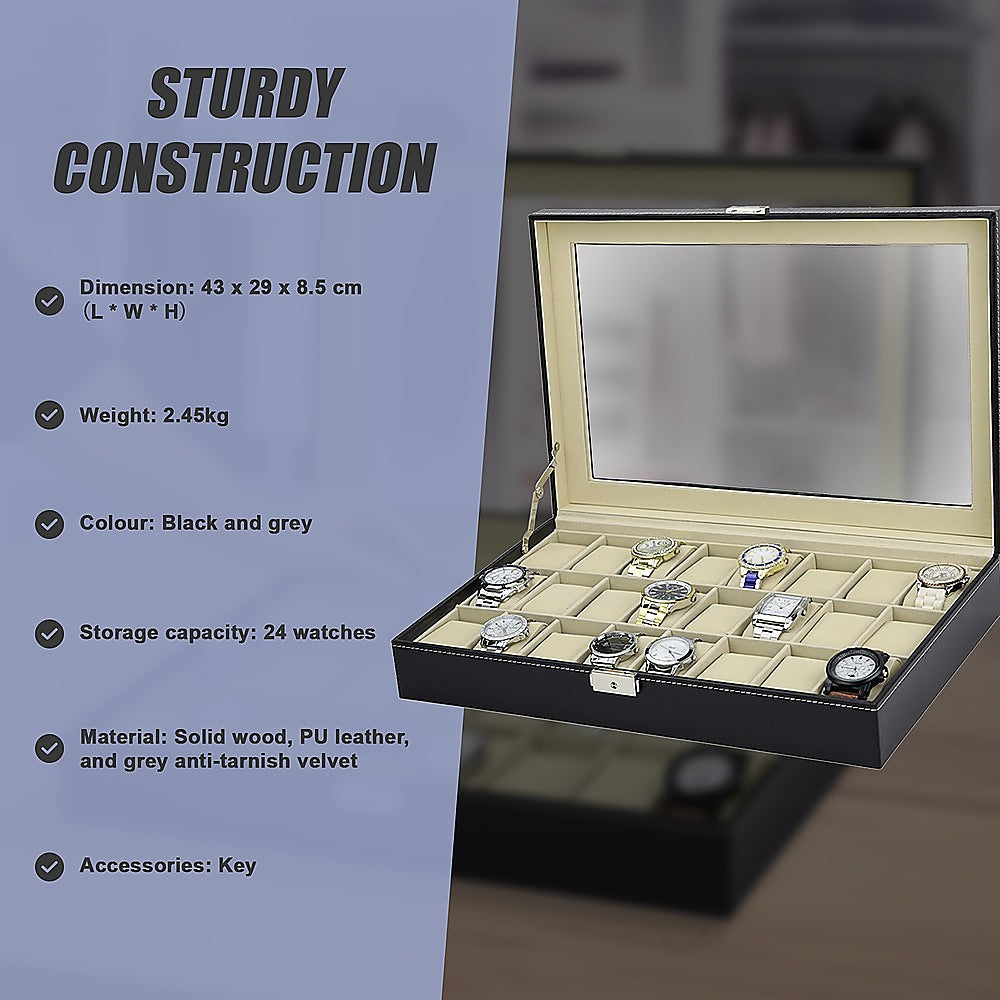 Watch Box - 24 Slot Luxury Display Case With Framed Glass Lid V63-826141