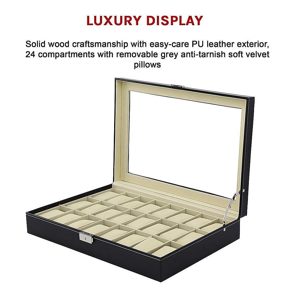 Watch Box - 24 Slot Luxury Display Case With Framed Glass Lid V63-826141
