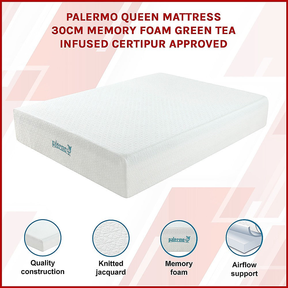 Queen 30cm Green Tea Memory Foam Mattress - Cooling Comfort with CertiPUR-US Certified Foam V63-826471
