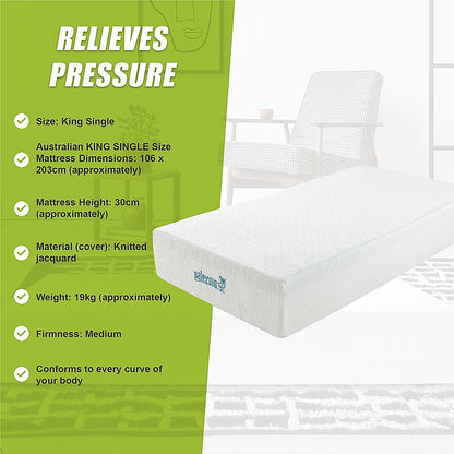 King Single 30cm Green Tea Memory Foam Mattress - Cooling Comfort with CertiPUR-US Certified Foam V63-826491