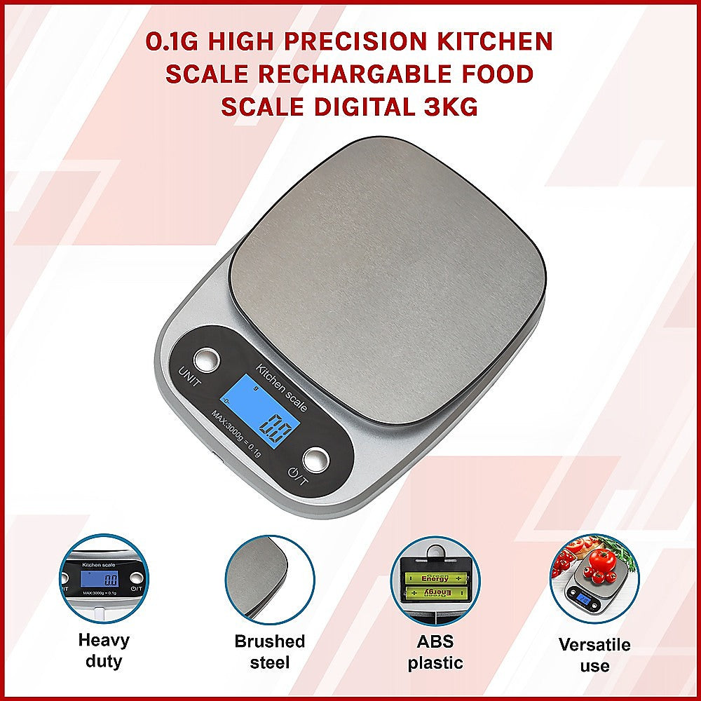 0.1g Digital Kitchen Scale 3kg Rechargeable High Precision Food V63-826651